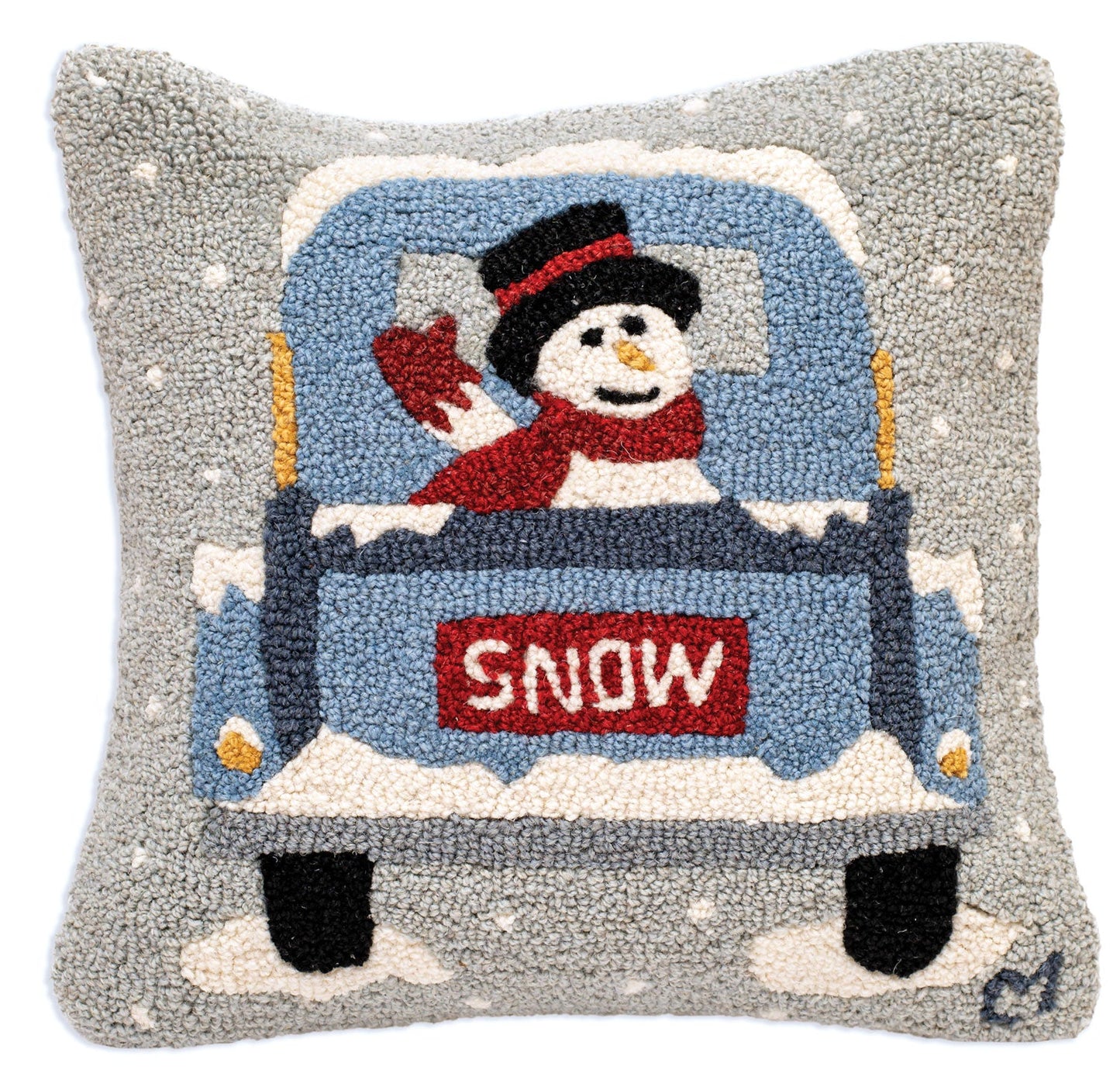 Snowman Truck - 18" X 18" Hooked Wool Pillow