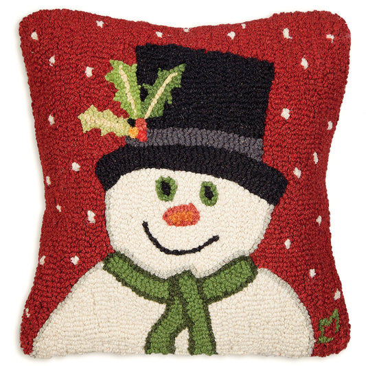 Hooked Wool Pillow - Snowman With Top Hat - 18" x 18"