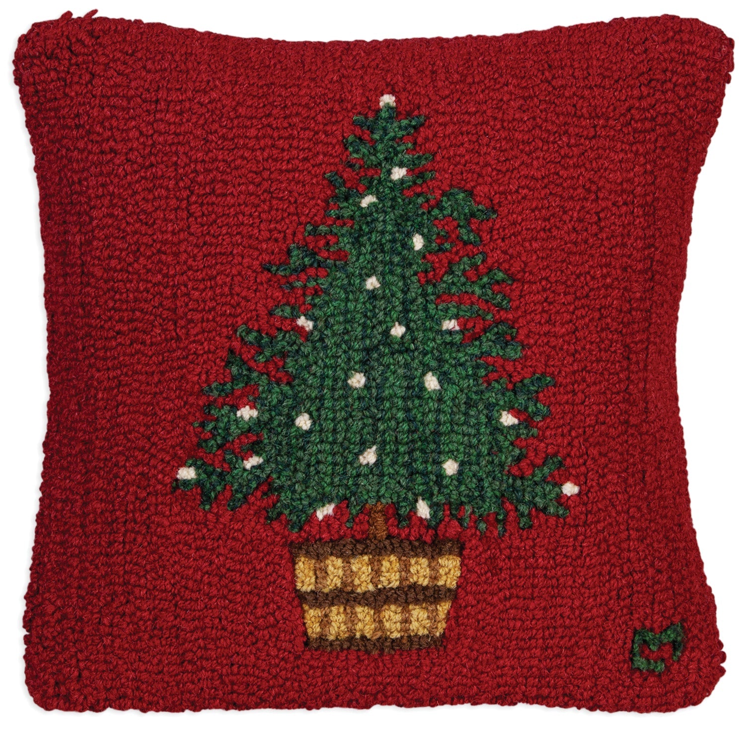 Hooked Wool Pillow - Tree In A Bucket - 18" x 18"