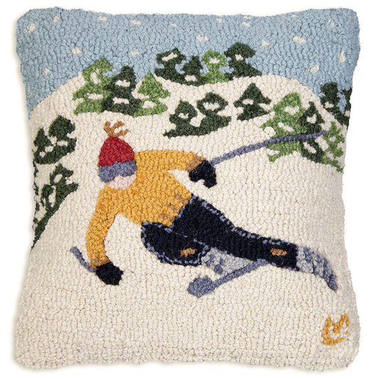 Hooked Wool Pillow - Tree Skier - 18" x 18"