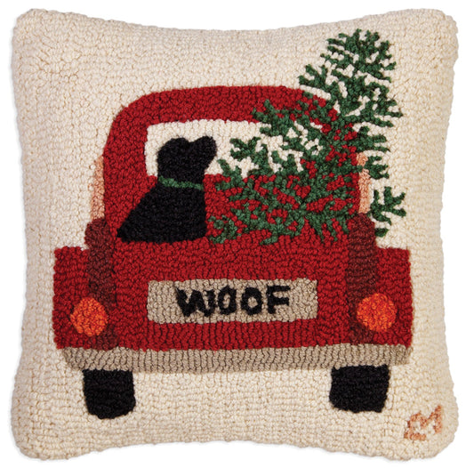 Hooked Wool Pillow - Truck Tree Lab Woof - 18" x 18"