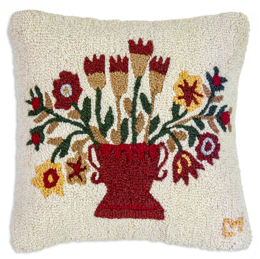 Hooked Wool Pillow - Urn With Flowers - 18" x 18"