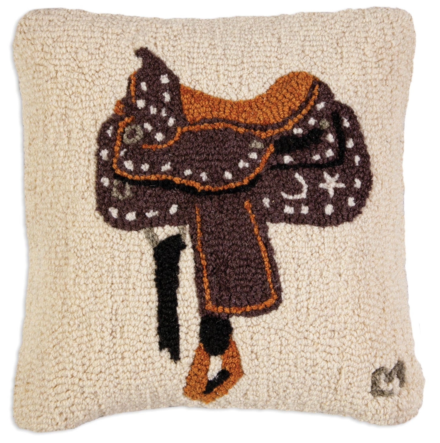 Hooked Wool Pillow - Western Saddle - 18" x 18"