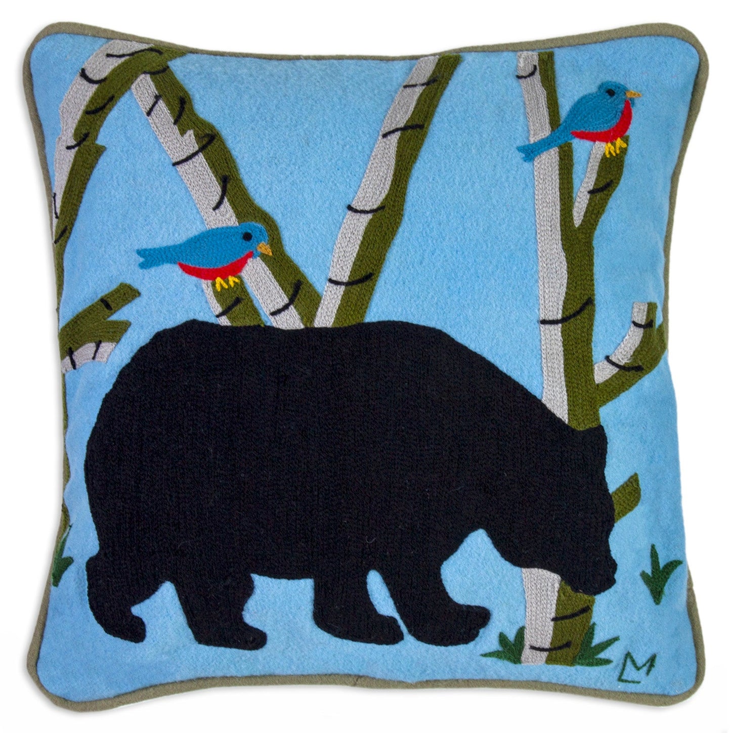 Embroidered Wool Pillow - Bear In Birches - 18" x 18"