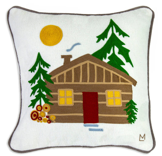 Embroidered Wool Pillow - Cozy Little Cabin - 18" x 18"