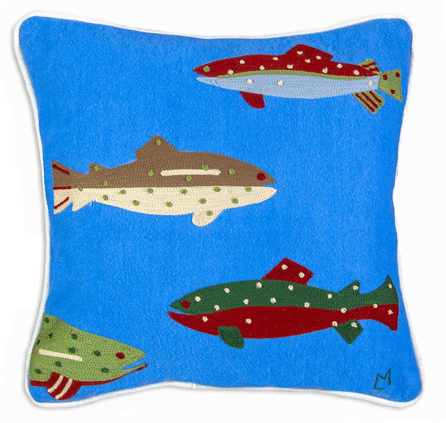 Embroidered Wool Pillow - Fish - 18" x 18"