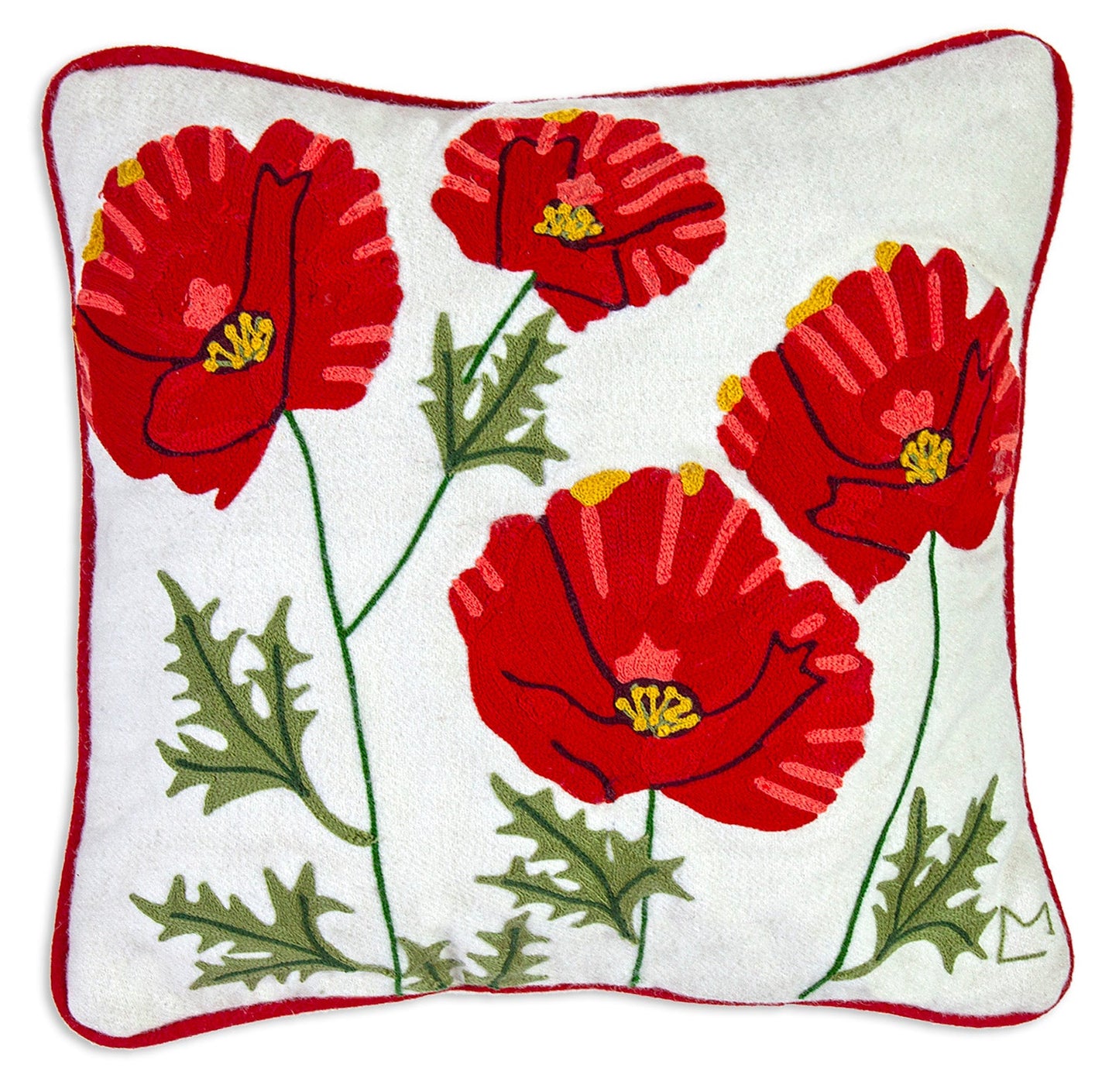 Embroidered Wool Pillow - Poppy Profusion - 18" x 18"