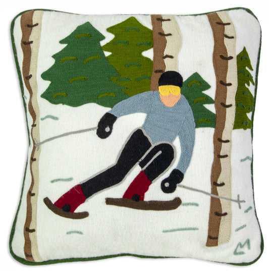 Embroidered Wool Pillow - Skiing In The Trees - 18" x 18"