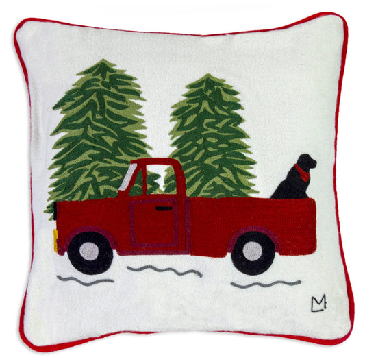 Embroidered Wool Pillow - Truck In The Trees - 18" x 18"