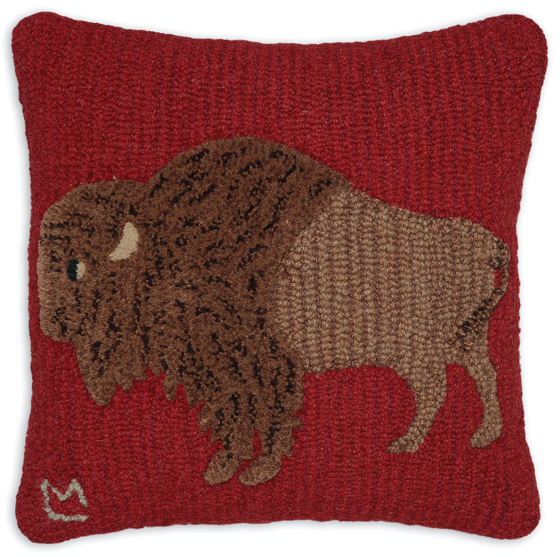 Hooked Wool Pillow - Plush Buffalo - 18" x 18"