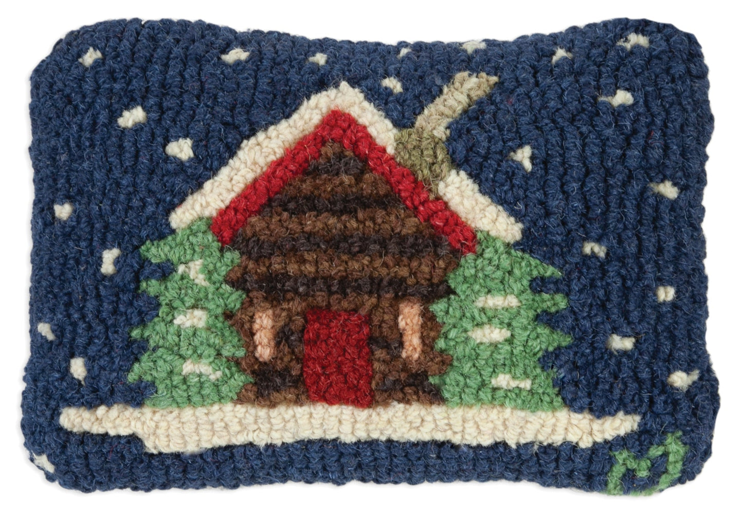 Hooked Wool Pillow - Cabin In The Snow - 8" x 12"