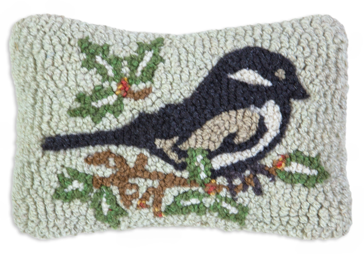 Hooked Wool Pillow - Chickadee In The Vine - 8" x 12"