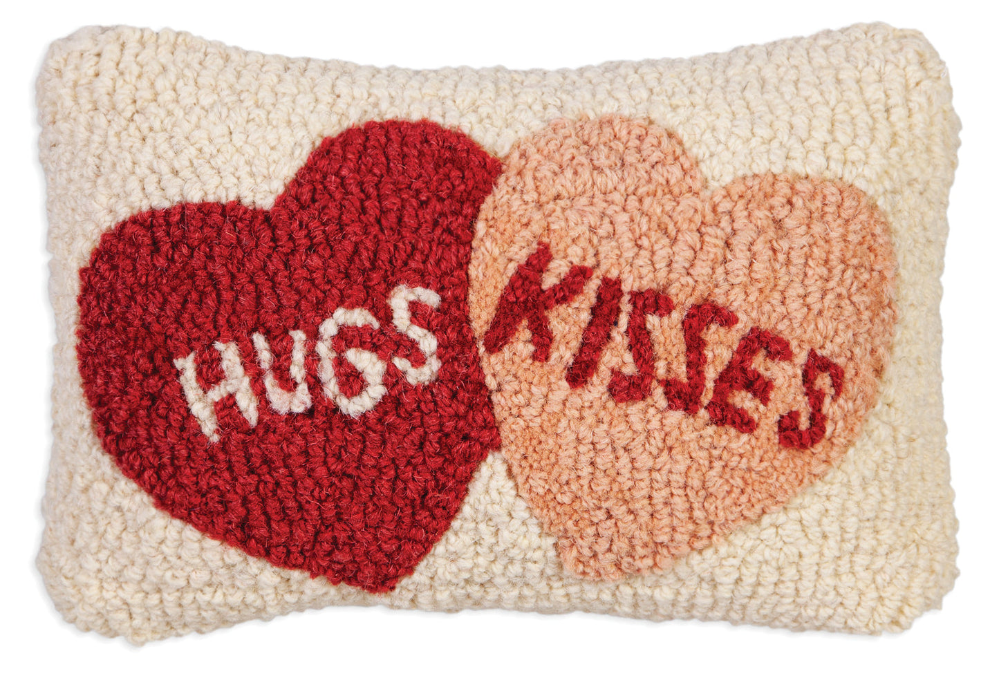 Hooked Wool Pillow - Hugs Kisses Hearts - 8" x 12"