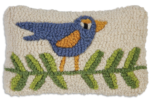 Hooked Wool Pillow - Blue Bird On A Branch - 8" x 12"