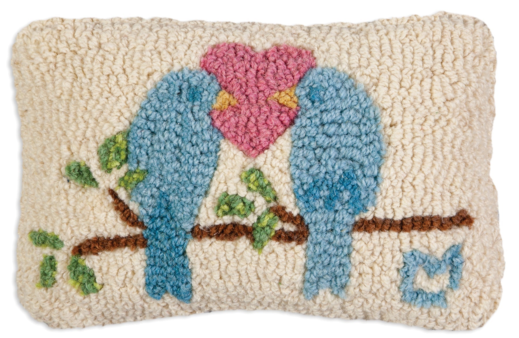 Hooked Wool Pillow - Love Birds - 8" x 12"