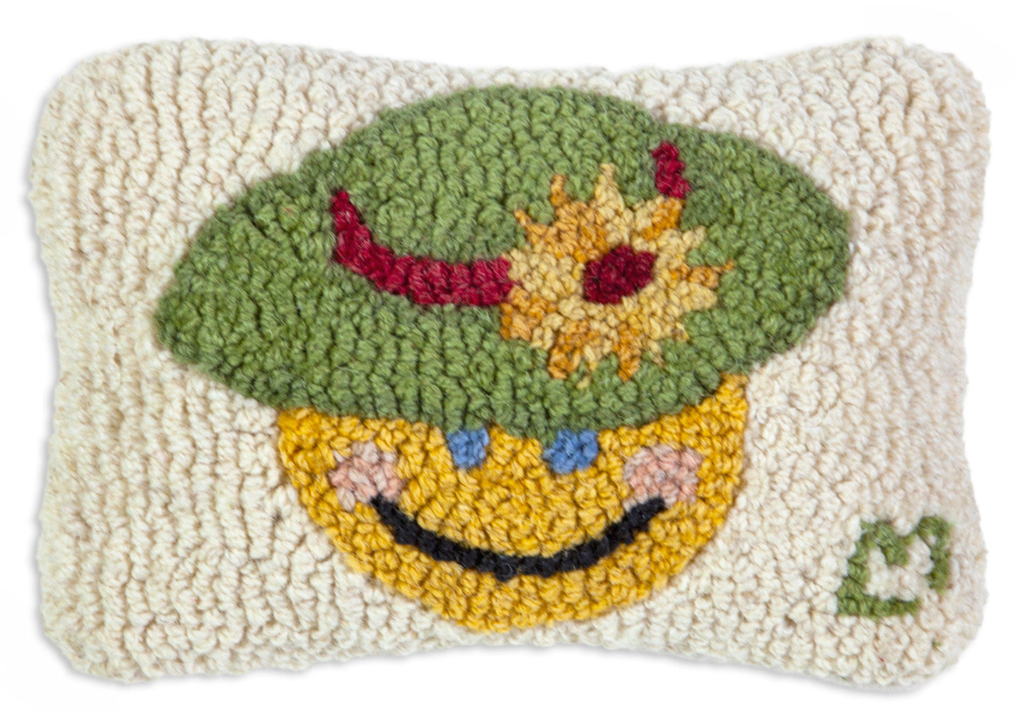 Hooked Wool Pillow - Mrs Honeys Happy Hat - 8" x 12"