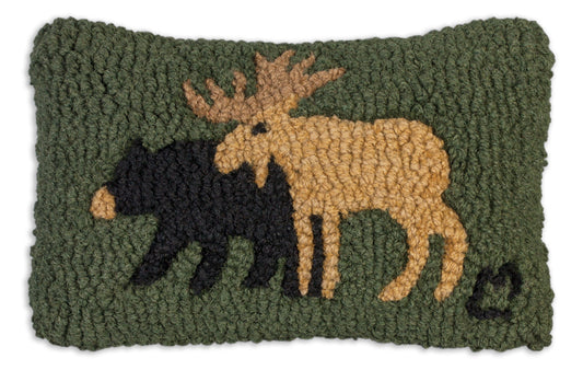 Hooked Wool Pillow - Moose And Bear - 8" x 12"