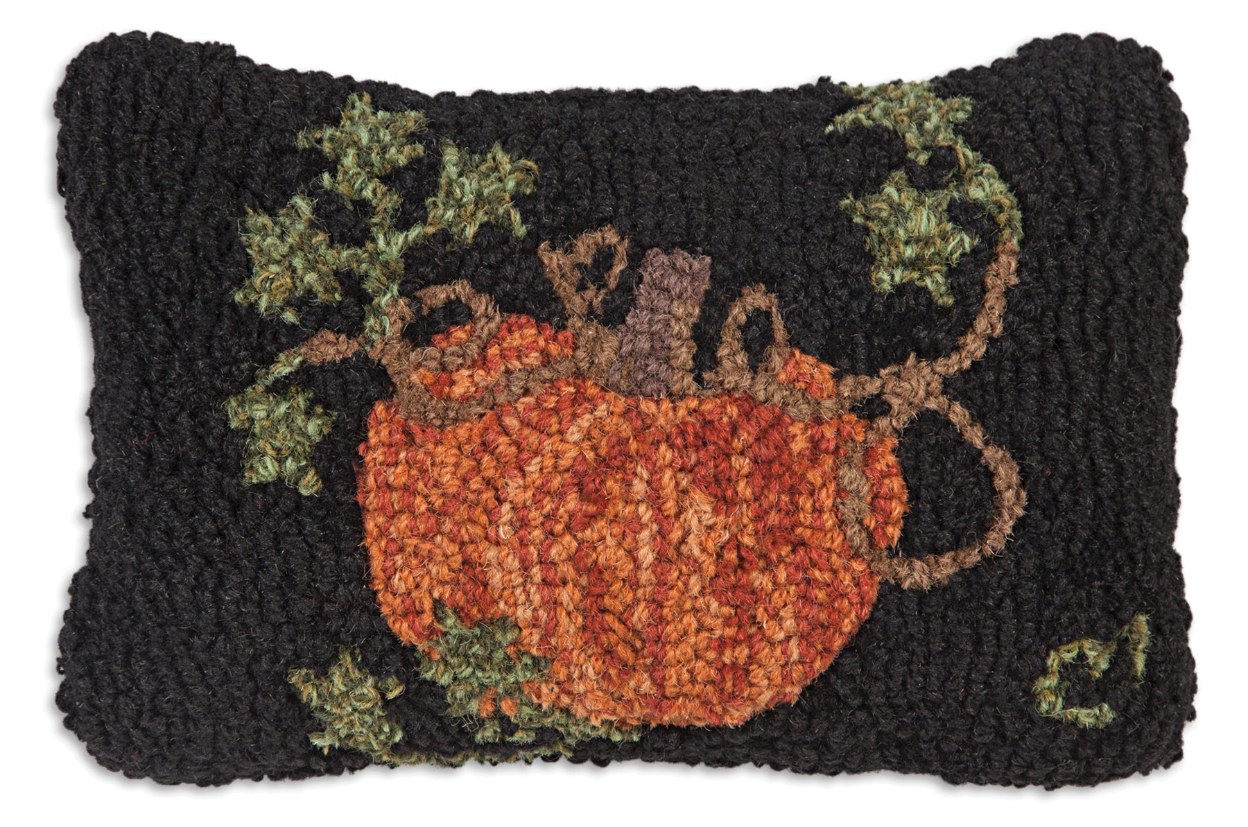 Hooked Wool Pillow - Pumpkin On Black - 8" x 12"