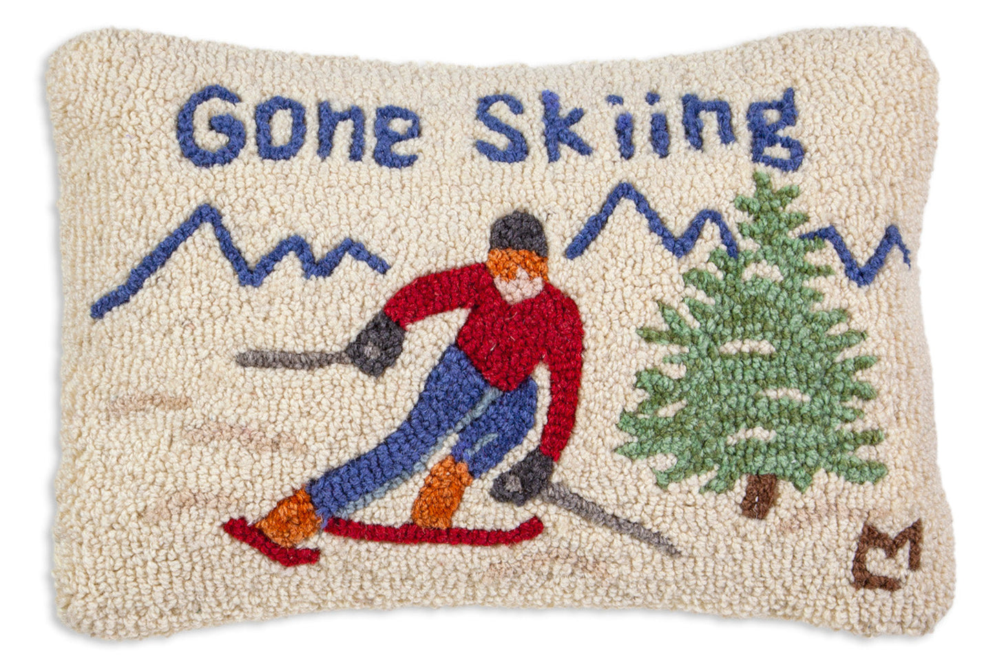 Hooked Wool Pillow - Gone Skiing - 12" x 18"