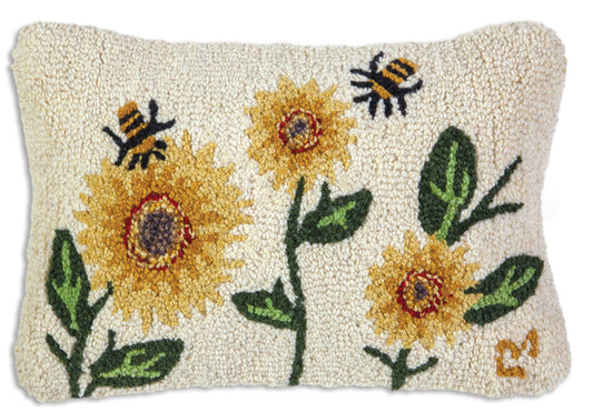 Hooked Wool Pillow - Sunflower Bees - 12" x 18"