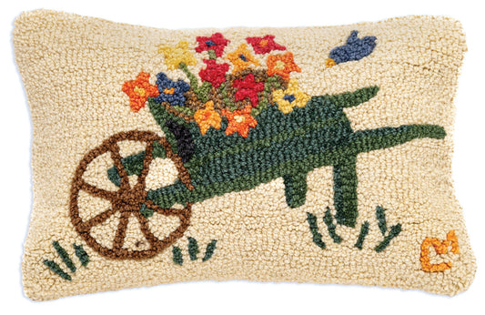Wheelbarrow Flowers - 12" X 18" Hooked Wool Pillow