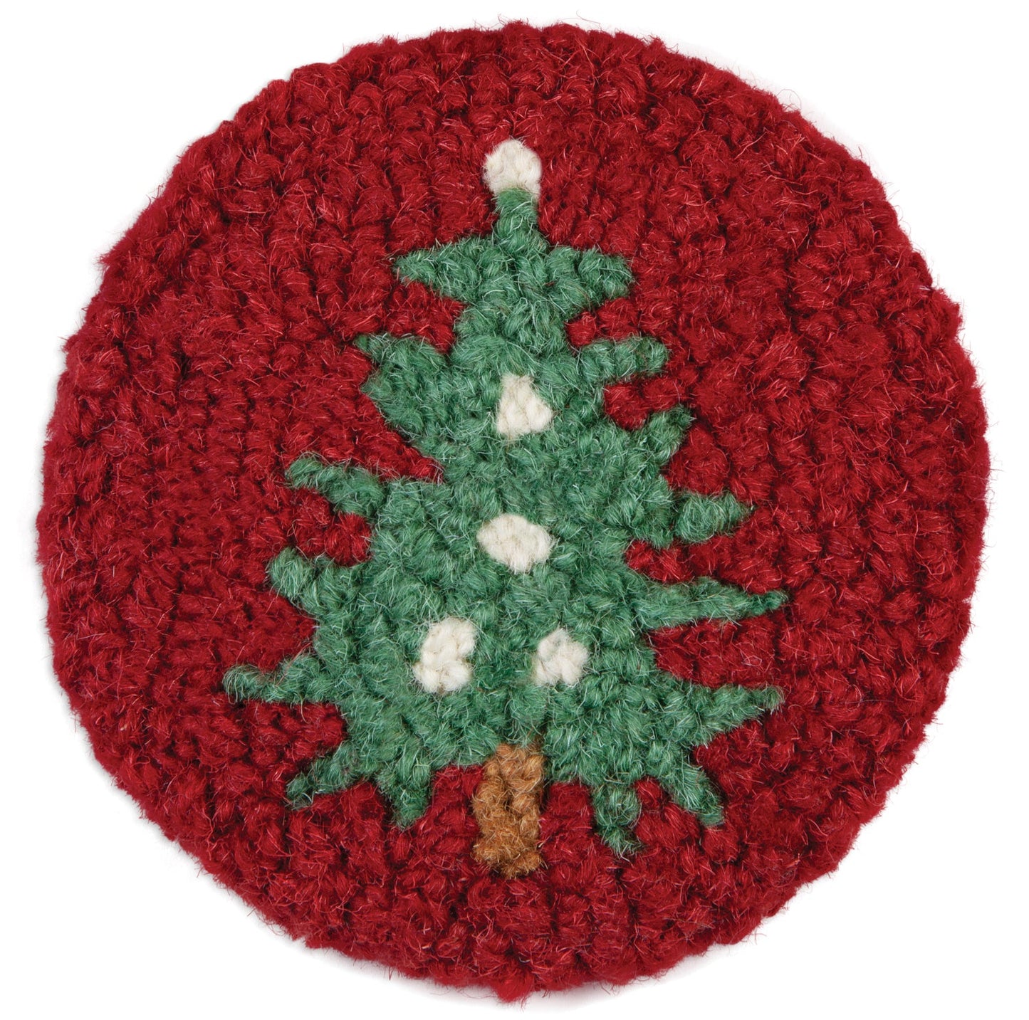 Hooked Wool Coasters - Tree On Red - 4.5" Round Coasters