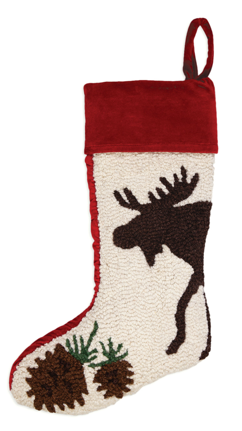 Hooked Wool Chrismas Stocking - Moose On White - 9" x 20" Christmas Stocking