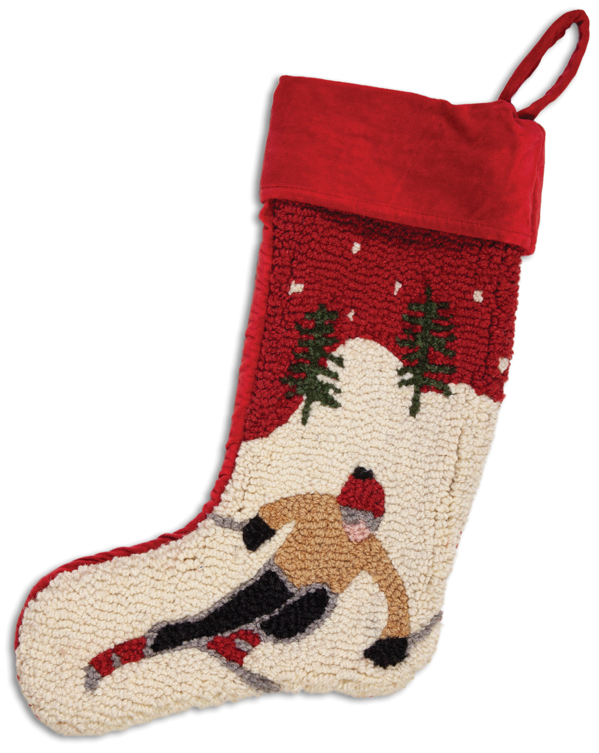 Hooked Wool Chrismas Stocking - Skier - 9" x 20" Christmas Stocking