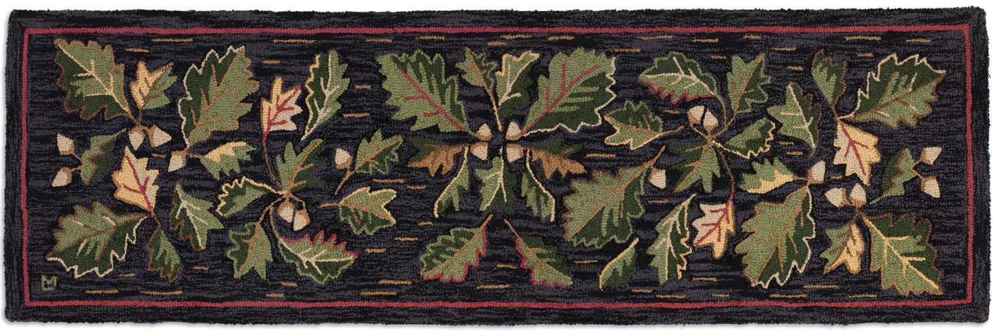 Hooked Wool Rug - Acorns And Leaves - 2.5' x 8' Runner