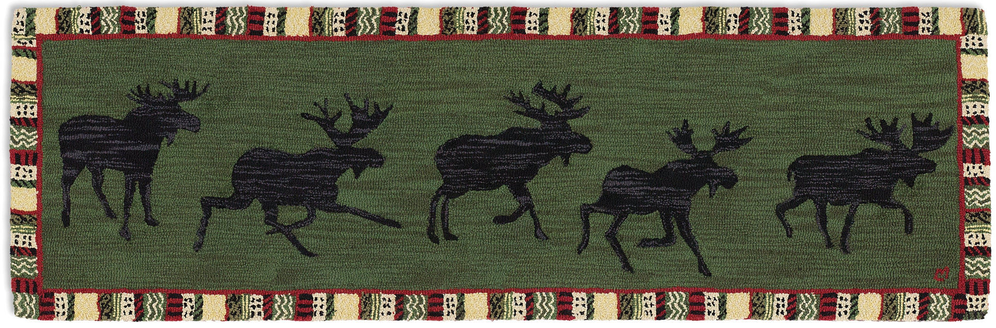 Hooked Wool Rug - Argyle Green Moose - 2.5' x 8' Runner