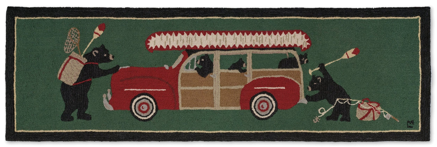 Hooked Wool Rug - Woody Wagon Bears - 2.5' x 8' Runner