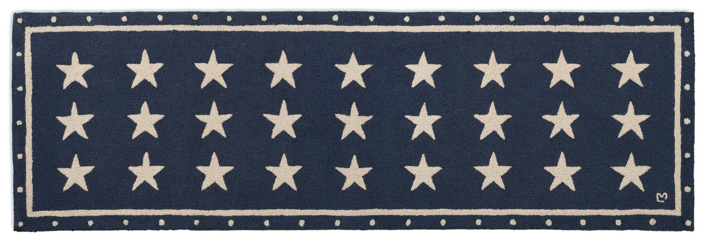 Hooked Wool Rug - Stars On Blue - 2.5' x 8' Runner