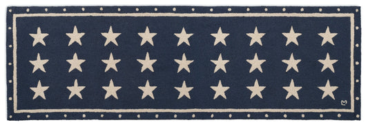 Hooked Wool Rug - Stars On Blue - 2.5' x 8' Runner