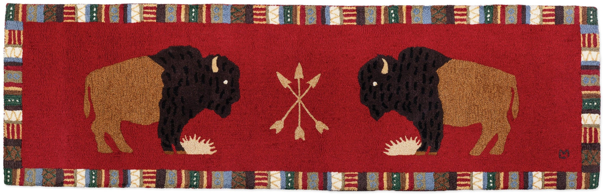 Hooked Wool Rug - Two Buffalo - 2.5' x 8' Runner