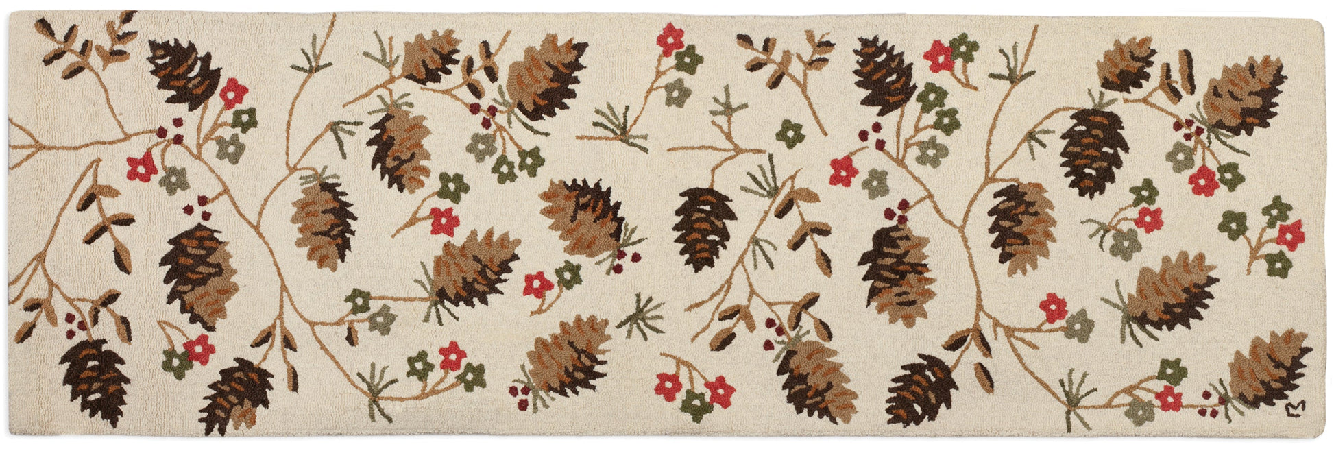 Hooked Wool Rug - Cones And Flowers - 2.5' x 8' Runner