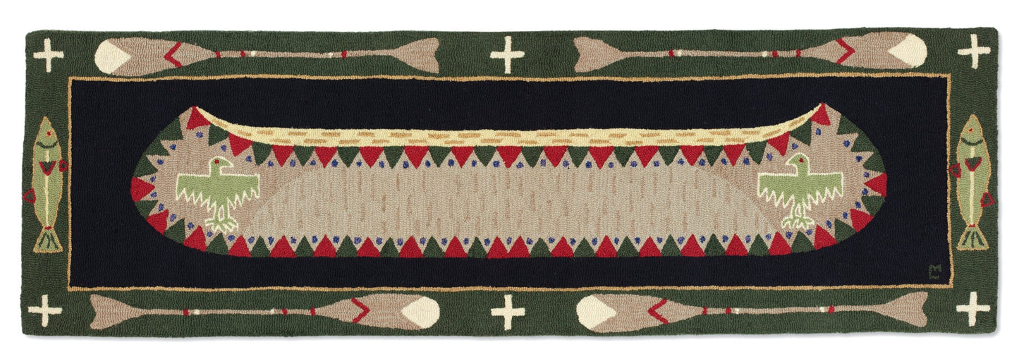 Hooked Wool Rug - Long Boat Green - 2.5' x 8' Runner