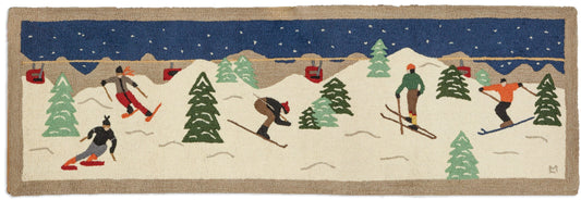 Hooked Wool Rug - Skiers On The Mountain - 2.5' x 8' Runner