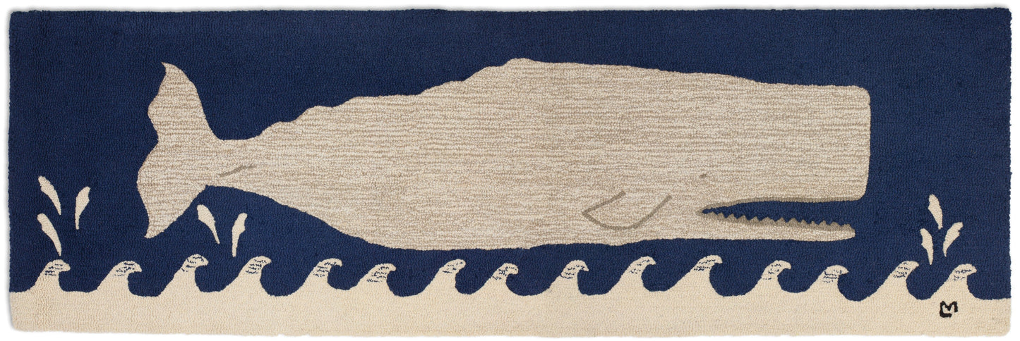 Hooked Wool Rug - Great White Whale On Navy - 2.5' x 8' Runner