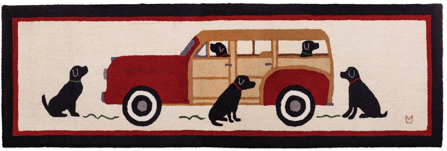 Hooked Wool Rug - Woody Wagon Dogs - 2.5' x 8' Runner