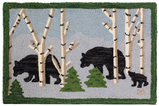 Hooked Wool Rug - Three Bears In The Woods - 2' x 3'