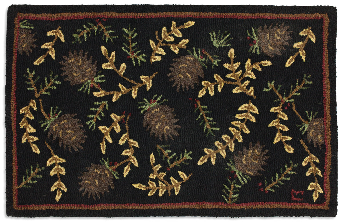 Hooked Wool Rug - Willows And Cones - 2' x 3'