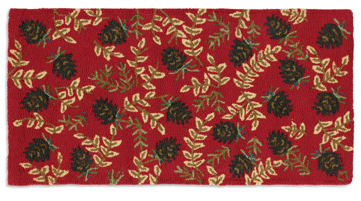 Hooked Wool Rug - Ruby Pinecones 2X4