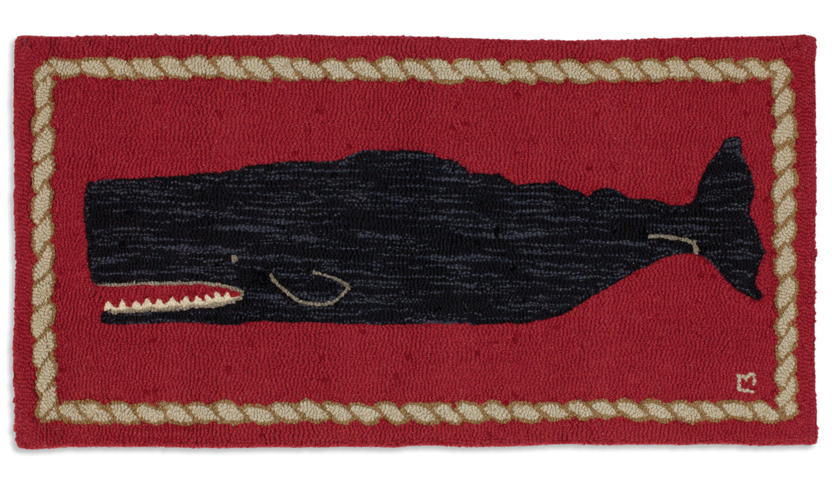 Hooked Wool Rug - Black Whale On Red - 2' x 4'