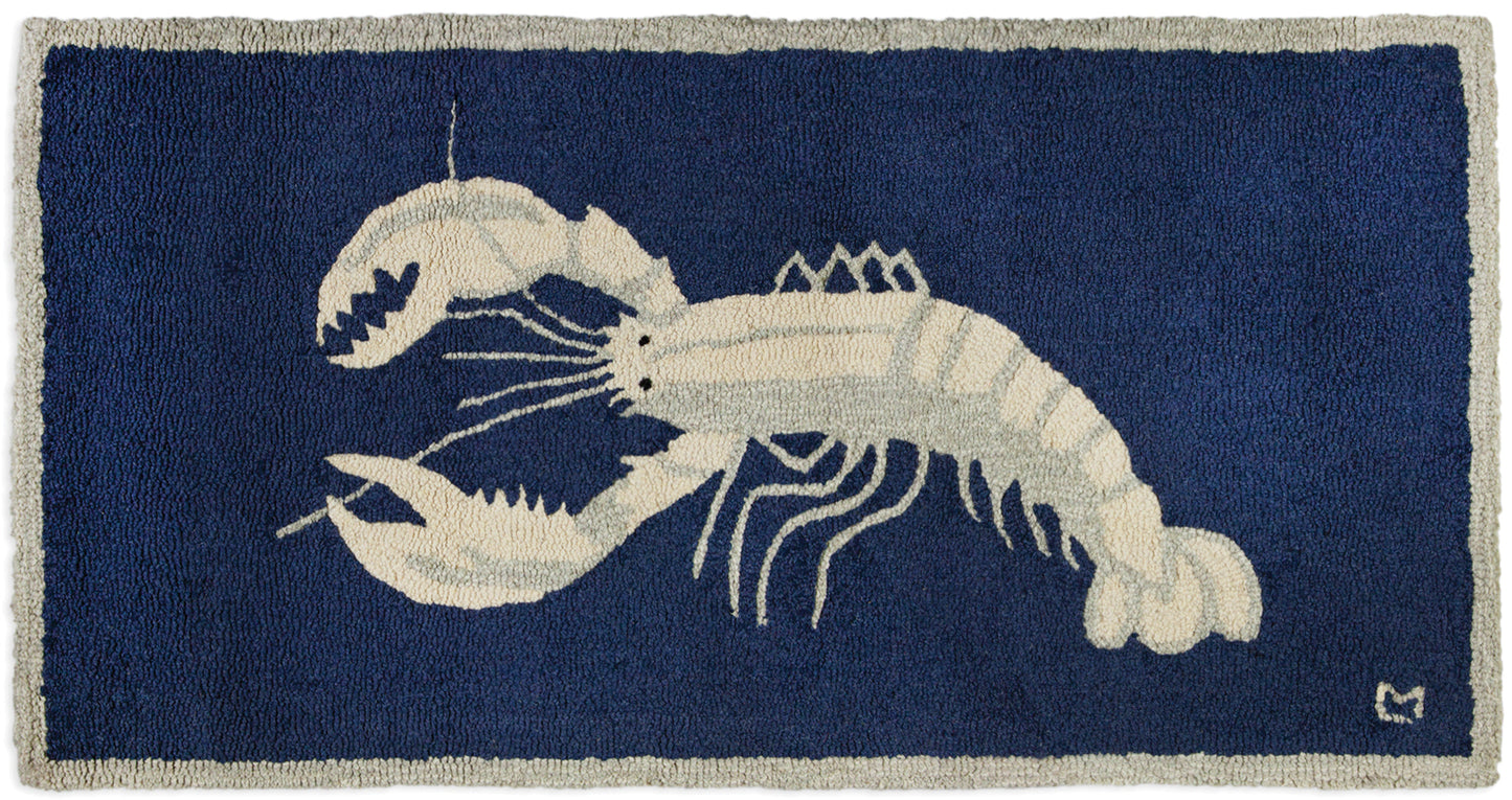 Hooked Wool Rug - White Lobster On Navy - 2' x 4'