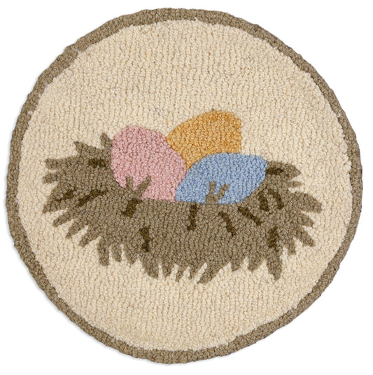 Hooked Wool Chair Pad - Eggs In A Nest - 14" Round Chair Pad