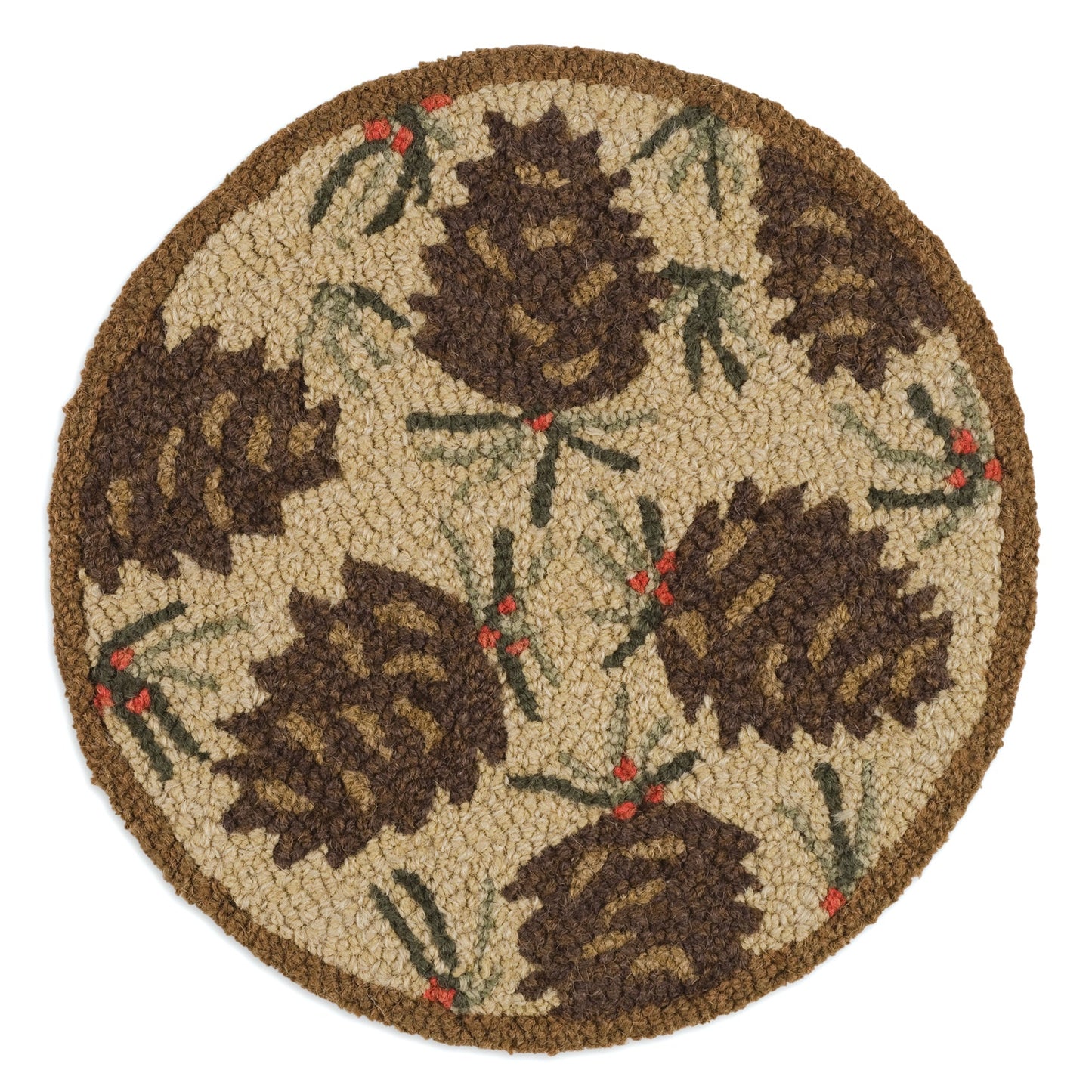 Hooked Wool Chair Pad - Needles And Cones - 14" Round Chair Pad