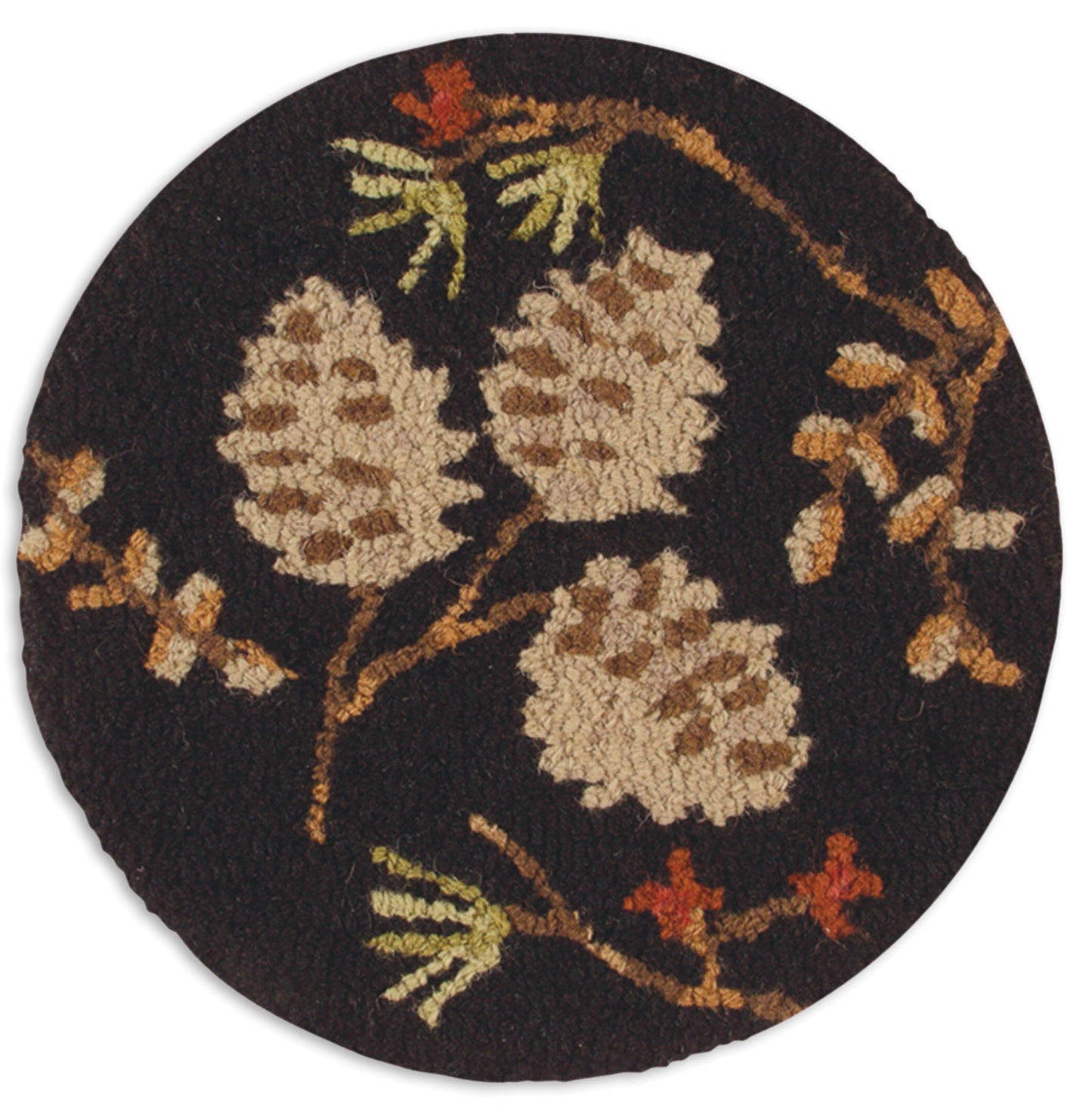 Hooked Wool Chair Pad - Pinecone And Berry - 14" Round Chair Pad