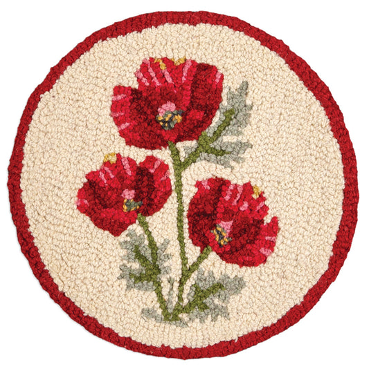 Hooked Wool Chair Pad - Poppy Profusion - 14" Round Chair Pad