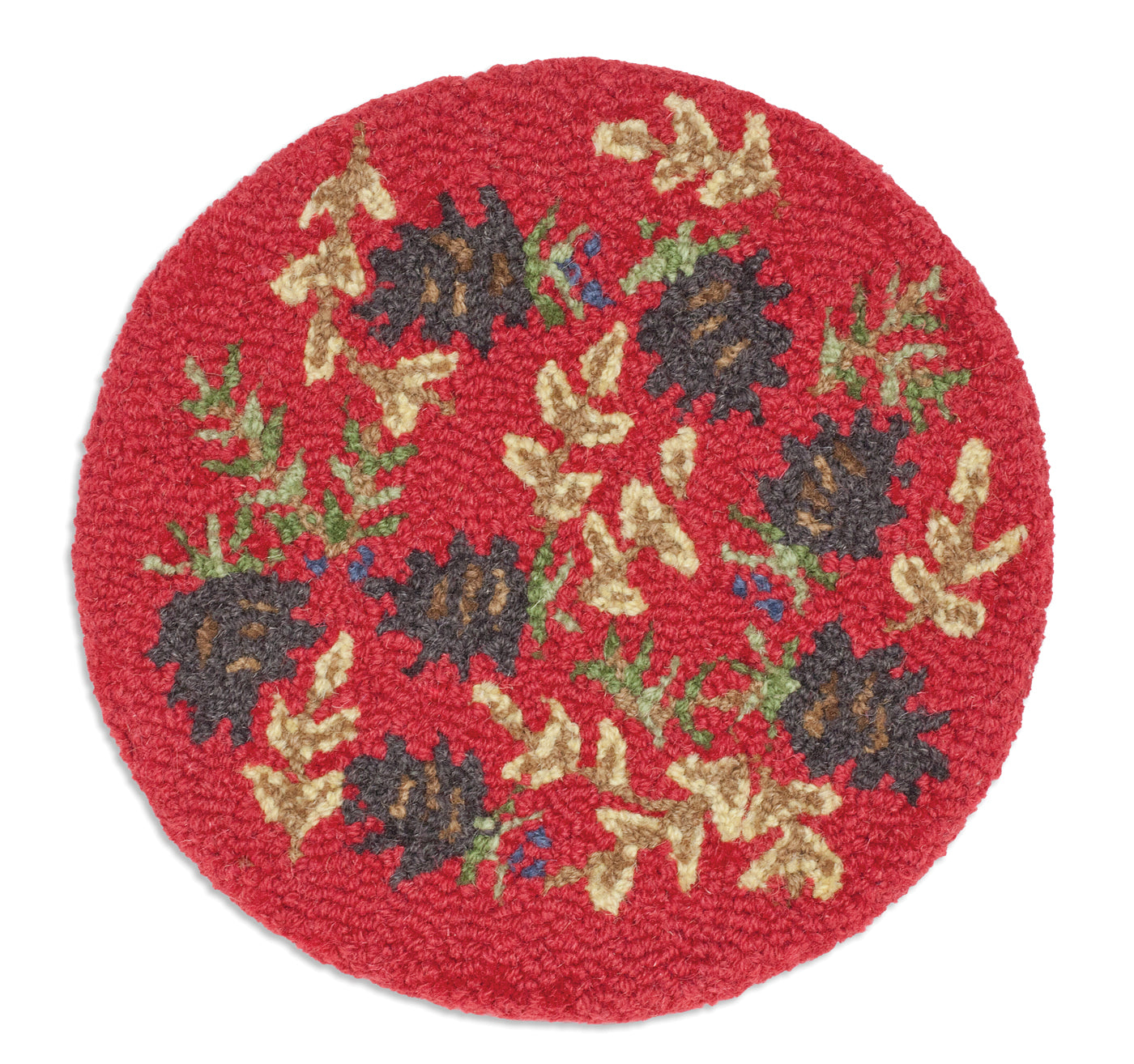 Hooked Wool Chair Pad - Ruby Pinecones - 14" Round Chair Pad