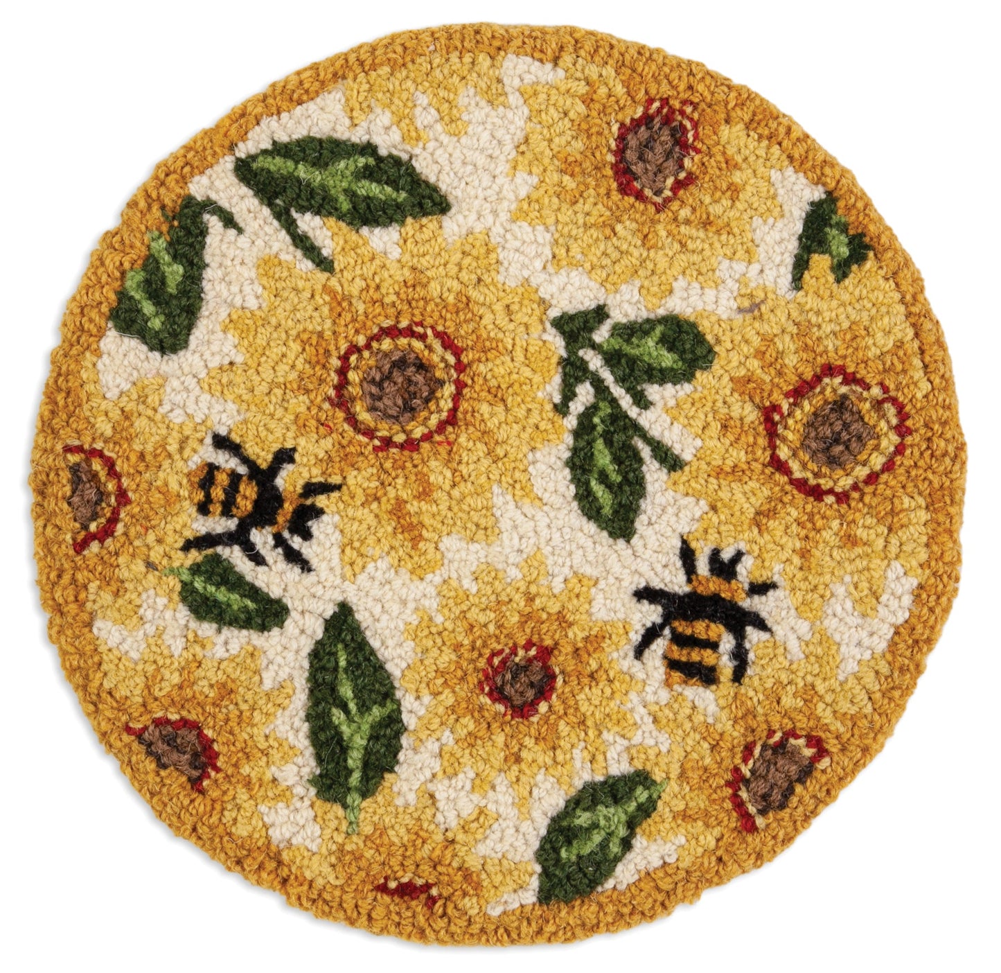 Hooked Wool Chair Pad - Sunflower Bees - 14" Round Chair Pad